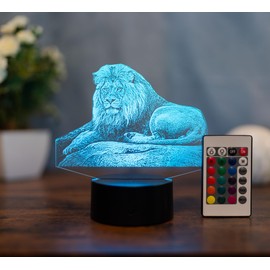 Optechvisual Lion LED Lamp - 3D Table Lamp with Majestic Lion Motif - Colour Changing & Remote Control - Decoration for Living Room, Office & Safari Fans - Gift Idea - Acrylic Made in Germany