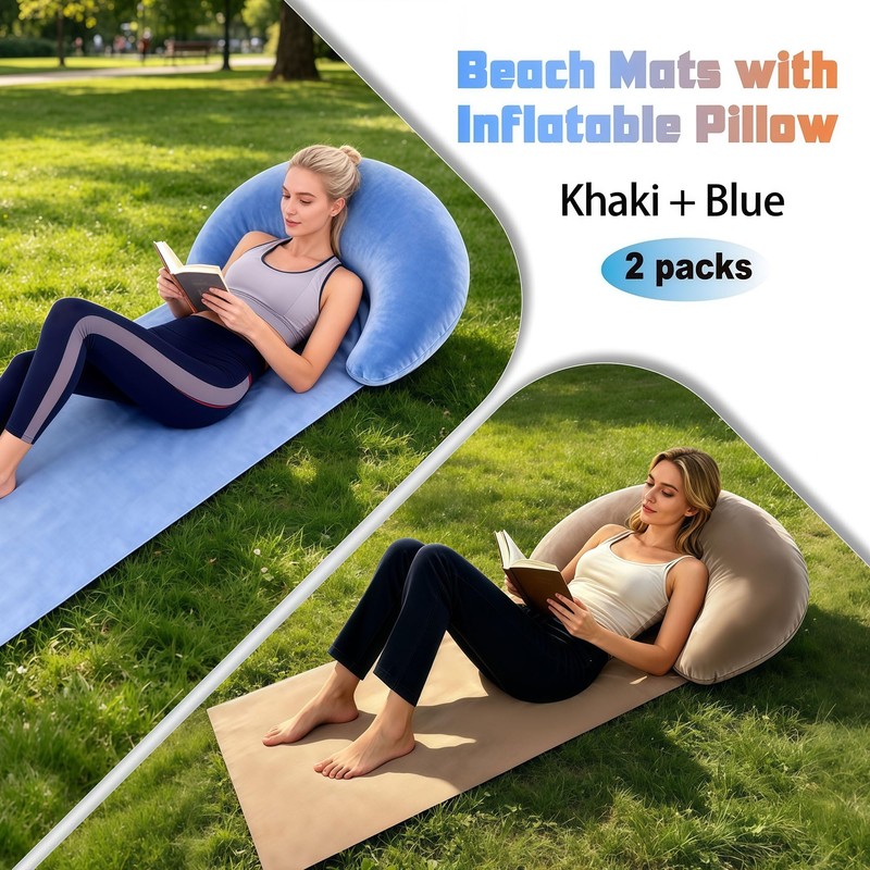 Zcaukya 2 Packs Beach Mat with Inflatable Backrest Pillows for