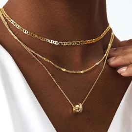 3Pcs Layered Choker Necklaces for Women, Gold Plated Link Chain Necklace Flat Mariner Necklace Stacked Chain with Pendant