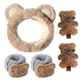 1 Bear Headband, 2 Face Wash Bracelets and 2 Bear Hairpins, Cute Cartoon Hair Bands, Absorbent Hair Bands, Beauty and Skin Care Hair Bands