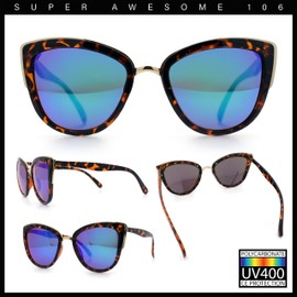 SA106 Womens Color Mirror Mirrored Lens Oversize Cat Eye Sunglasses Tortoise Gold Teal Mirror