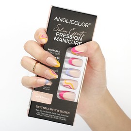 Anglicolor Press On Nails, Reusable Almond Nail Tips, French Press-On Nails, Gel Nails, False Nails, Short, 15 Sizes, Includes 30 Nails, 2 g Glue, 1 Manicure Stick, 1 Mini File (A102, 30 Pieces)