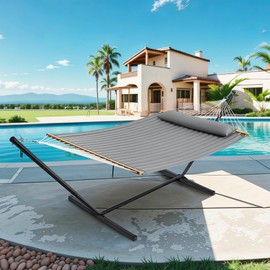 SUPERJARE Hammock with Stand, 2 Person Quilted Outdoor Hammock, Detachable Pillow & Bamboo Spreaders, Portable Hammock with Carrying Bag, Heavy Duty Stand, Perfect for Outside, Patio, Gray