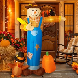 Nervure 7FT Thanksgiving Scarecrow Inflatable - Inflatable Thanksgiving Yard Decorations with Turkey and Pumpkin - Fall Outdoor Blow Up with LED Lights and Inflatable Patch for Garden Lawn Decor