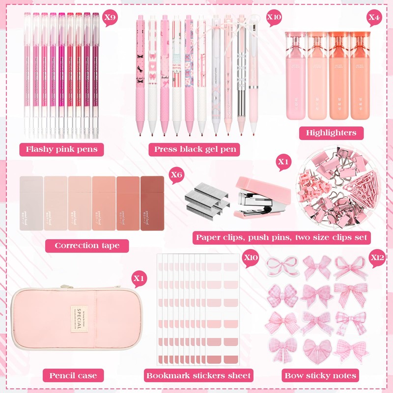 Eersida 58 Pcs Christmas Pink Bow School Supplies Coquette Aesthetic