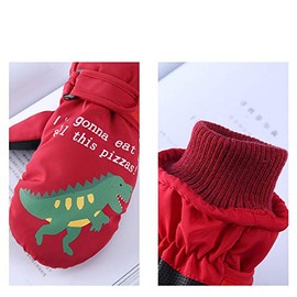 Kids Ski Gloves Waterproof Thermal Winter Snow Snowboard Mittens Warm Dinosaur Pattern Fleece Lined Gloves for Skiing Snowboarding Toddler Girls Boys Age 4-8 Years Old (Red)