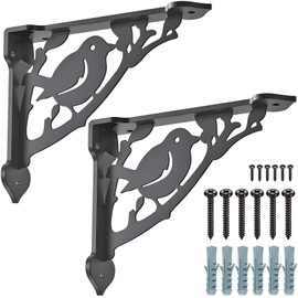 SELEWARE Heavy Duty Shelf Brackets 10 Inch, Bird Shelves Brackets, 300LB Capacity Decorative Metal L Brackets for Floating Shelves, Black Rustic Wall Mount Shelving Bracket with Screws, 2 Pack