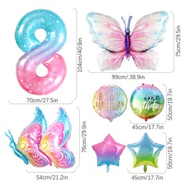 Partyhausy 8 Schmetterling Geburtstag Deko Mädchen,8pcs Bunt Schmetterlinge Folienballon 8，Zahlen Luftballon 8 Jahre Geburtstagsdeko für 8. Geburtstag Mädchen Deko