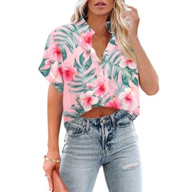 Cropped Hawaiian Shirts for Women Hawaii Tropical Button Down Tops Floral Tropic Print Summer Beach Outfits Light Pink