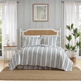 Laura Ashley - Quilt Set, Super Soft & Prewashed Bedding with Matching Sham, Modern Design with Scallop Edges, Cozy Home Essentials (Stripe Perfection Grey, Twin)
