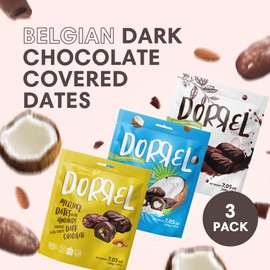 DORREL - Trio Bundle Pack: Belgian Dark Chocolate Covered Dates (Medjool) + Chocolate Dates with Salted Almonds & Coconut Stuffing, High Energy Choco Snack, Kosher & Non-GMO Pack of 3, 7.05 oz Ea