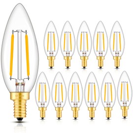 CRLight foco LED para candelabro de 2 W, 250 lm, 2700 K, blanco cálido, base E12 equivalente incandescente de 25 W, bombillas LED regulables, con forma de torpedo de vidrio transparente B10, ángulo de haz de 360 grados, paquete de 12 unidades