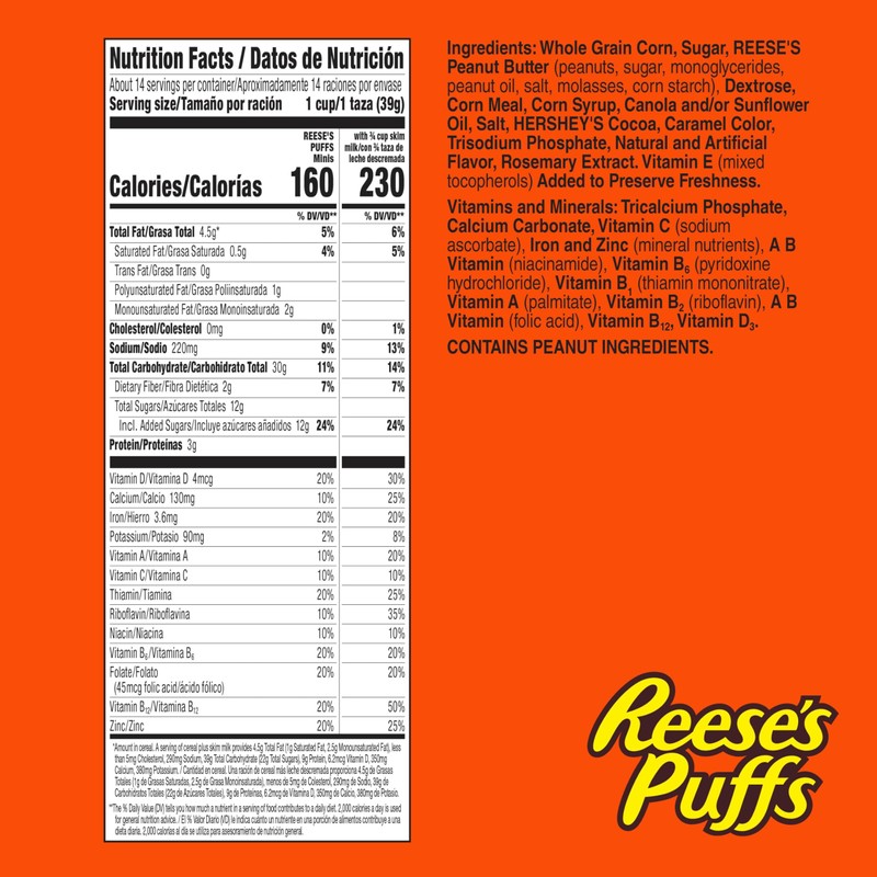 Reese's Puffs Minis Breakfast Cereal, Chocolate Peanut Butter Cereal, Family