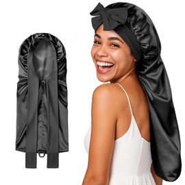 Umisleep 22 Momme Mulberry Silk Bonnet for Sleeping Women, Untangled Hair Care Bonnet, Extra Long for Curls & Braids - Lays Flat for Styling, Double Layer Hair Wrap with Soft Adjustable Tie, Black