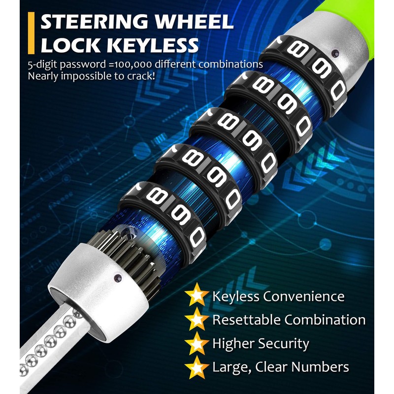 Tevlaphee Steering Wheel Lock, Car Lock Anti Theft Keyless Extendable