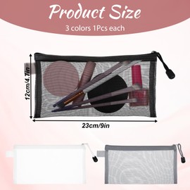 Ajcotahm 3 Pack Zipper Mesh Pouch Nylon Cosmetic Pouch Mesh Makeup Bags Travel Organizer for Toiletries Pencil Case (White, Black, Gray)