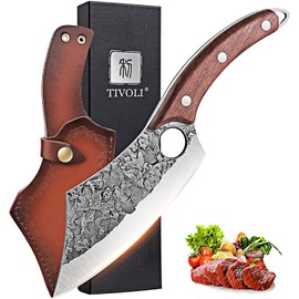 TIVOLI Meat Cleaver Knife, Hand Forged Full Tang Butcher knife for Meat Cutting, High Carbon Steel Viking Knife with Sheath for Kitchen Outdoor Camping BBQ Father's Day Christmas Gift Men Women