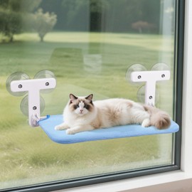 XAOSUN Cat Window Perch, Cordless Window Cat Bed with 6 Suction Cups, 55Lbs Load Capacity, Sturdy Metal Frame Foldable Hammock for Large Cats - Blue