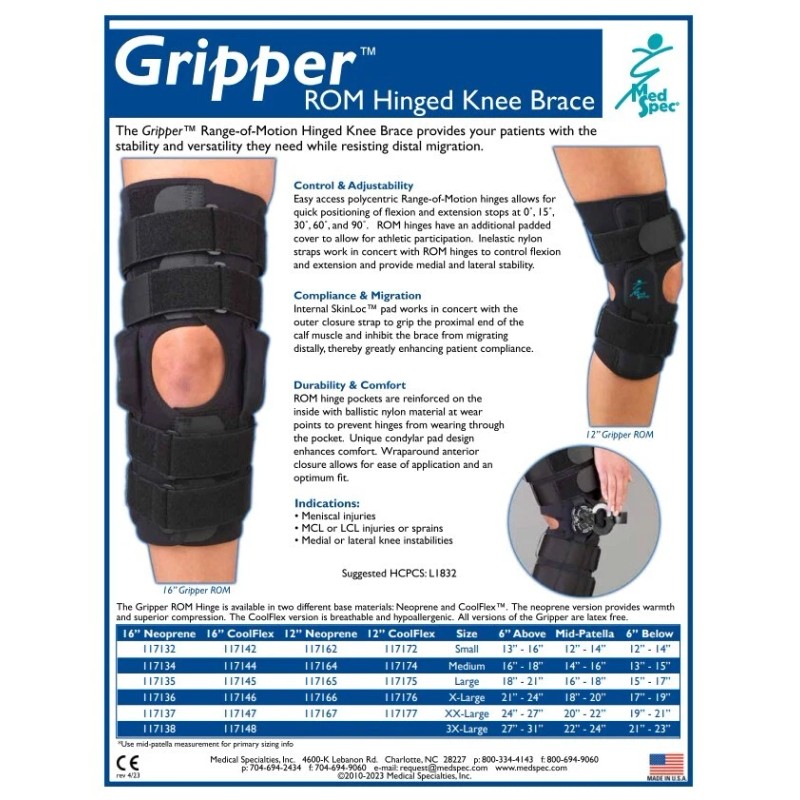 MedSpec Gripper™ 12" Hinged Knee Brace, Neoprene ROM - Small