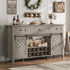 GarveeHome 59'' Farmhouse Buffet Cabinet with Sliding Barn Door, Rustic Sideboard with 3 Drawer, Removable Wine Rack, Farmhouse Sideboard with Adjustable Shelf for for Dining Room, Kitchen, Vintage