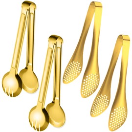 IAXSEE 4 PCS Serving Tongs 9 Inch Buffet Tongs Stainless Steel Serving Utensils for Salad Buffet Appetizer Dessert Food Parties, Gold