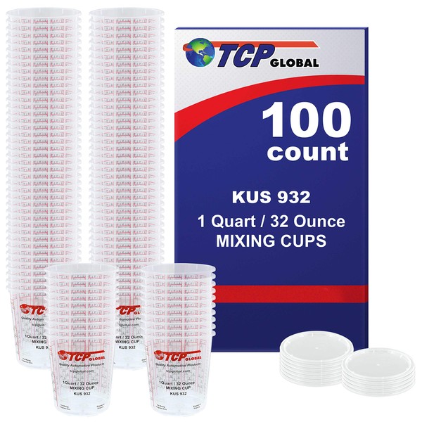 (Full Case of 100 each - Quart (32oz) PAINT MIXING CUPS) by Custom Shop - Cups are Calibrated with Multiple Mixing Ratios (1-1) (2-1) (3-1) (4-1) (8-1) BOX of 100 Cups includes 12 bonus Lids