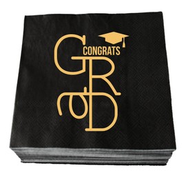 XIUHUBA Congrats Grad Napkins, 50 Pcs Black and Gold 2025 Graduation Cocktail Napkins, Class of 2025 High School/College Graduates Party Decorations, 3 Ply