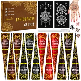 12 Pack Temporary Tattoo Cones Kit, Multi Color Body Art with Accessories