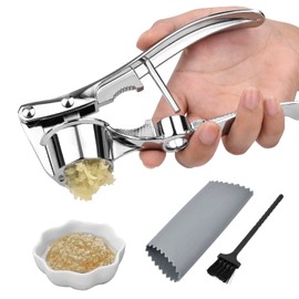 HOGESA Prensa de Ajo, Exprimidor Manual de Ajos en Acero Inoxidable, 3 en 1 con Pelador de Ajos y Cepillos para Cocina en el Hogar