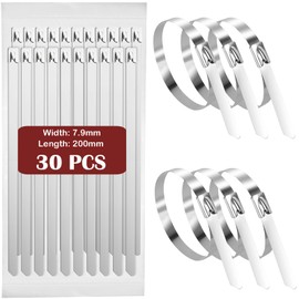 Fohirey 7.9×200mm Metal Cable Ties 30 Pcs, 304 Stainless Steel Zip Ties Silver Metal Tie Wraps, Heavy Duty Metal Zip Ties UV Resistance Steel Cable Ties for Outdoor Fence and Binding Requirements
