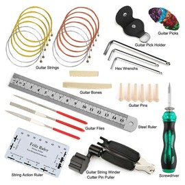Electric Guitar Bass Care Repairing Tool Set Luthier Setup Maintenance Kit Including 2 Set of Strings 1 String Action Ruler 1 Guitar String Winder 1 Steel Ruler 3 Guitar Files 6 Guitar Bridge-Pins 5 Picks Nylon Carrying Bag and More