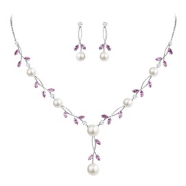 Ever Faith Wedding Jewelry Set For Bridal Bridmaid CZ Crystal Cream Simulated Pearl Floral Vine Filigree Wedding Necklace Earrings Set Purple Silver-Tone