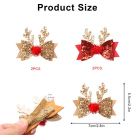 Pack of 4 Hair Clips Hair Accessories Christmas Glitter Bow Tie Hair Pins, Gold/Red Reindeer Christmas Hair Accessories, Children Adults Girls for Christmas Party Accessories