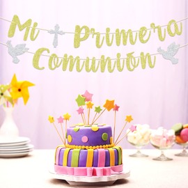 We Can Bearly Wait Gold Glitter Mi Primera Comunin Banner, First Holy Communion/God Bless This Child/A Child of God, Baptism Christening Baby Shower Party Decorations Supplies