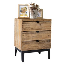 Wnutrees Farmhouse Nightstand Wood Bedside Table with 3-Drawers Bedside End Tables Storage for Living Room, Hallway, Handmade Distressed, Natural