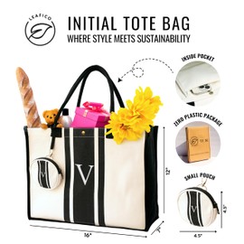 Leafico Initial Canvas Tote Bag – Embroidered Letter Bag, Cotton Rush Bag, Monogrammed Women’s Handbag with Small Accessories Pouch, Ideal Gift for Her Birthday, Wedding, Party, Beach