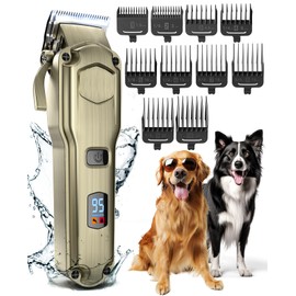 oneisall Dog Clippers for Grooming for Thick Heavy Coats/Low Noise Rechargeable Cordless Pet Shaver with Stainless Steel Blade/Waterproof Dog Shaver for Dogs Pets and Animals (Gold)