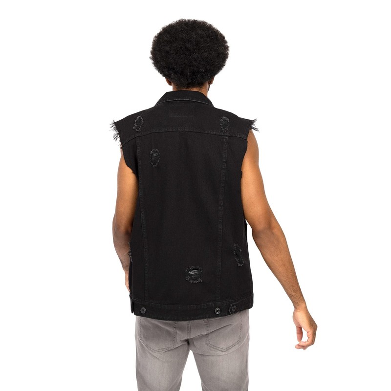 VICTORIOUS Distressed Denim Jean Vest Jacket DK101 - Classic Black