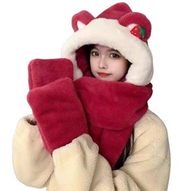 JIAHG Cute Strawberry Bear Ears Hat Scarf Gloves Set Plush Faux Fur Hooded Scarf with Pocket Mittens Warm Winter Hood Furry 3 in 1 Hat Set Cozy Cold Weather Accessory for Women Girls