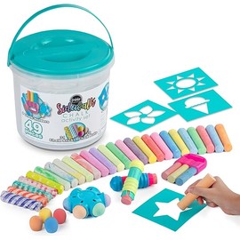 Loddie Doddie 49pc Sidewalk Chalk Bucket – Outdoor Activity Play Set for Kids, 31 Assorted Chalk Sticks, 4 Holders, 10 Ball Refills, 4 Stencils, Washable, Reusable Bucket