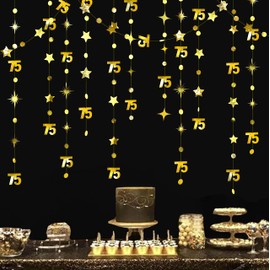 Gold 75th Birthday Decorations Number 75 Circle Dot Twinkle Star Garland Metallic Hanging Streamer Bunting Banner Backdrop for 75 Year Old Birthday Happy 75th Anniversary Seventy Five Party Supplies