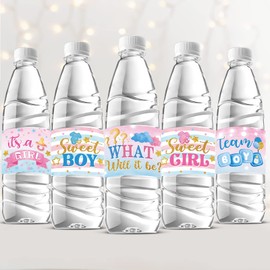 39 Pieces Baby Gender Reveal He or She Baby Water Bottle Labels Stickers Gender Reveal Shower Party Favors Decoration Waterproof Water Bottle Labels Wrappers