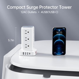 Power Strip Tower Surge Protector Power Strip with USB 12 Outlets with 4 USB Ports (1 USB C), Flat Plug 10FT Extension Cord Multi Plug Outlet Extender Overload Protection for Home Office