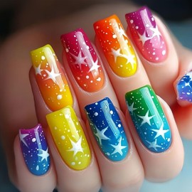 Rainbow Colors Press on Nails Medium Ballet Shaped False Nails Colorful Pattern Design Square Nails Stars Wave Points Fake Nails Coffin Nails Glossy Glue on Nails Acrylic Nails for Women 24Pcs