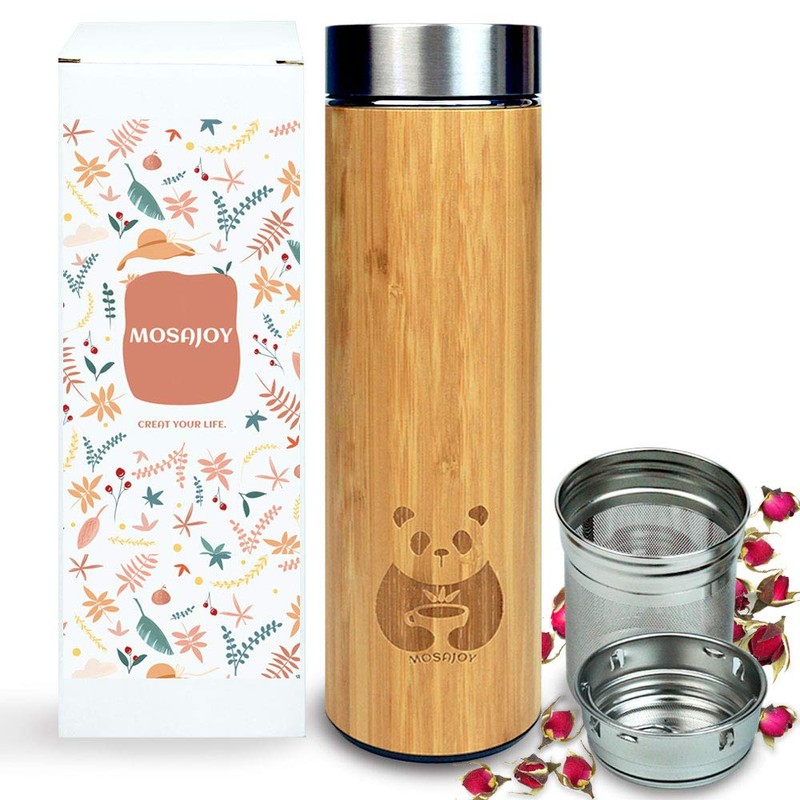 Mosajoy Tea Bottle Bamboo Tumbler with Infuser BPA Free Double