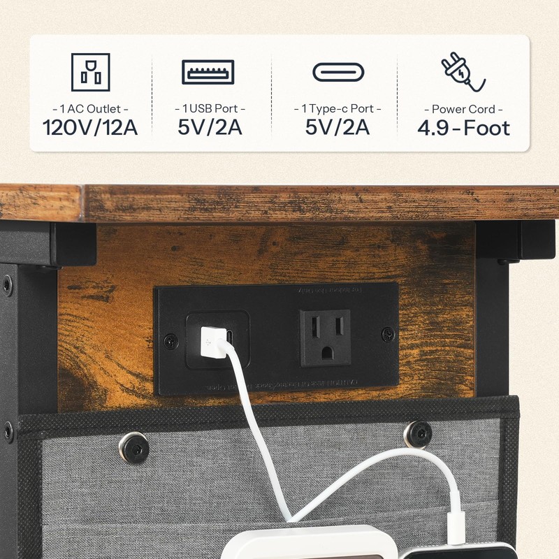 HOOBRO C Shaped Side Table with Charging Station, Slide Under