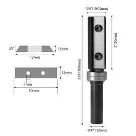 Trvoxviq Reversible Plates Flush Cutter 12 mm Shank, Flush Cutter Router with 4 Cutting Edges, Interchangeable Carbide (HW), D = 19.05 mm, NL = 50 mm Bottom Bearing, Flush Trimming, Router Bits for
