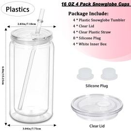 Micellwuu 16 oz Plastic Snow Globe Tumbler, 4 Pack Double Wall Snowglobe Tumbler with Pre Drilled Hole, Plastic Mason Jar Cups Can for Snow Globe Glitter DIY (Clear)