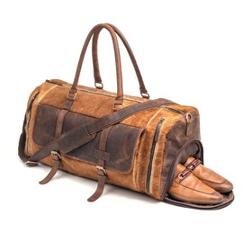 Tuzech Vintage Leather Hairon men's Travel Duffle luggage bag with Shoe Pouch, Professional Gym Bag,Sports Soft Shell Overnight Weekend Brown Color (Hairon Light Brown)