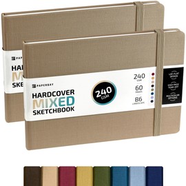 PaperBay 240 GSM Mixed Media Sketchbook 2-Pack, 5.3x7.7 in Small Hardcover Art Paper Pad to Mix Dry or Wet Marker, Pastel, Light Watercolor Washes, for Travel Journal or Mini Sketchpad (Tan Beige)